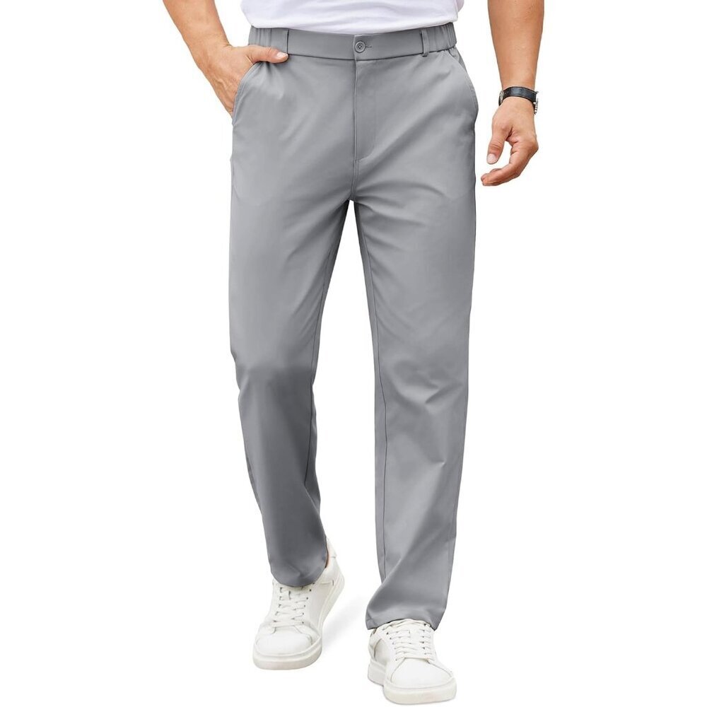 Coofandy Men Light Grey Elastic Waist Business Dress Pants with Pockets
